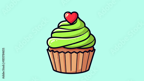 Illustration of a cupcake with green frosting and a red heart on top, against a light blue background.
