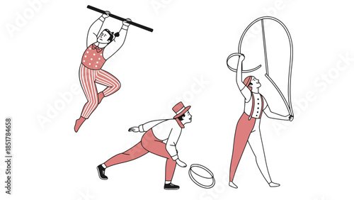 Three circus performers engage in various acrobatic and juggling acts.