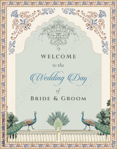 Traditional Indian wedding invitation design for Haldi or Mehendi ceremony. Features ornate Mughal arch, floral decor, peacock, and musical instruments. Perfect for luxury, cultural, and festive event