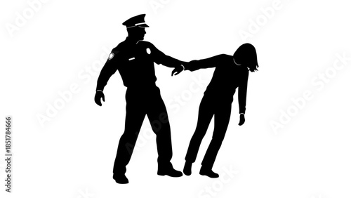 Police officer detains a person in silhouette against a white background.