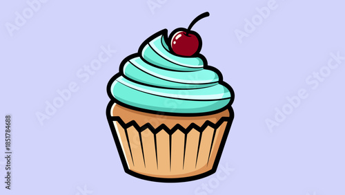 A cartoon cupcake with blue frosting and a cherry on top, set against a light blue background.