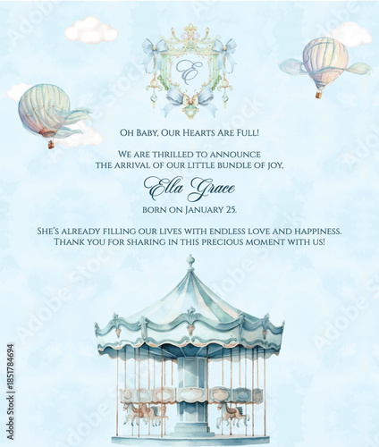 Vintage carousel set. Merry-go-round in retro style on isolated white background, hand drawing. Horse, Birthday Invitation Card. For designing cards and decorating baby shower. Baby Announcement.