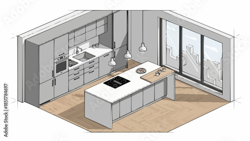 Modern Isometric Kitchen Design with Island and Large Window.