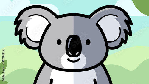 Cartoon koala with large ears and black nose against a green and blue background.