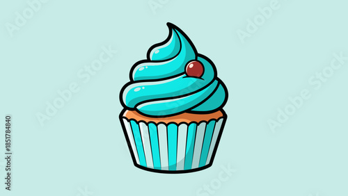Illustration of a cupcake with blue frosting and a cherry on top, in a striped wrapper.