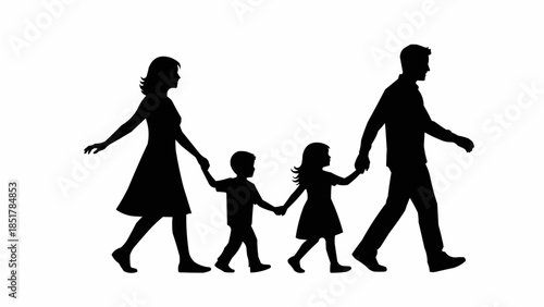 Silhouette of a family walking together holding hands.