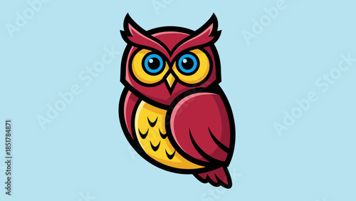 Cartoon owl with red feathers, yellow eyes and belly, on a light blue background.