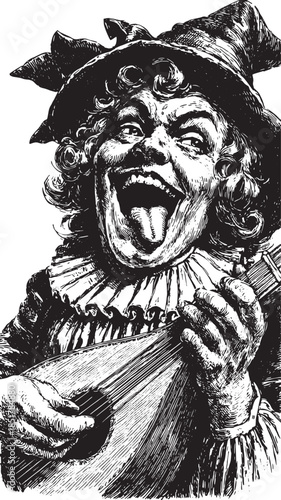 Clown musician playing the lute in a vintage illustration style. This expressive character is depicted in a black and white vector illustration.