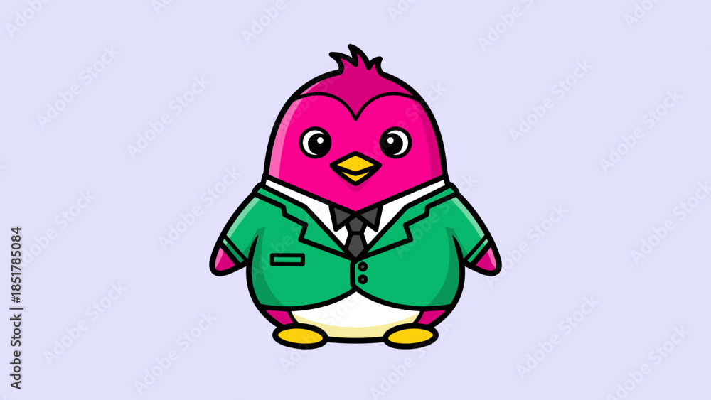 Fototapeta premium Cartoon penguin wearing a suit, standing against a light purple background.