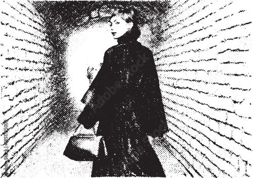Woman in a black cape carrying a bag. Vintage illustration in a monochrome hallway with strong contrasts and textures. Vector set.