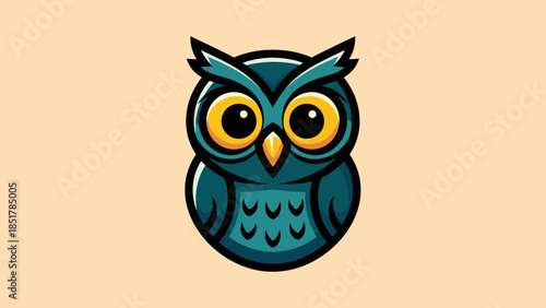 Cartoon owl with big yellow eyes and blue feathers on a beige background.