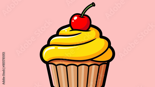 A cartoon cupcake with yellow frosting and a cherry on top, against a pink background.