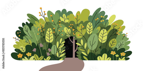 Vector illustration of a tree with roots growing in the grass featuring floral garden elements like leaves and spring blossoms for a summer nature design