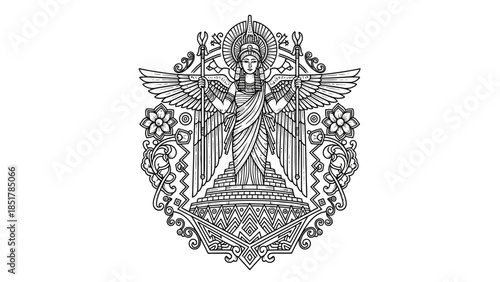 Ancient Goddess Sculpture: A meticulously detailed illustration depicts a serene goddess, her form adorned with intricate wings and elaborate ornamentation, representing history and mythology.