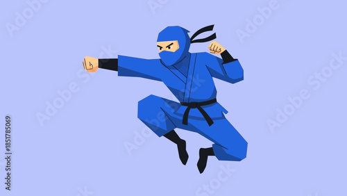 A blue ninja in mid-air, poised for action with a determined expression.