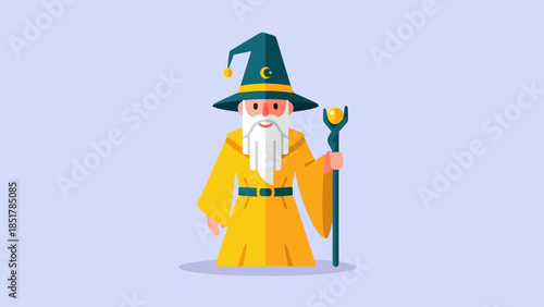 Illustration of a wizard with a long white beard and a yellow robe holding a staff.
