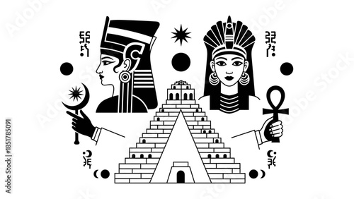 Egyptian Mythology: Illustrative artwork showcases two ancient figures facing each other, symbolizing history and culture in front of a majestic pyramid, adorned with historical Egyptian symbols.