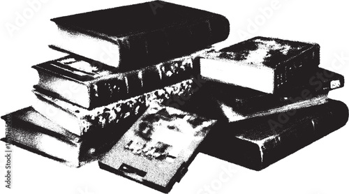 Books stacked together. This vector illustration features vintage literature with a black-and-white color scheme, highlighting pages and bindings.