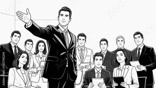 Business Presentation: An authoritative figure confidently addresses a gathering of professionals, his arm outstretched to emphasize a point during a business presentation.