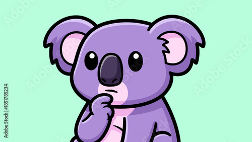 Cartoon koala with a thoughtful expression, hand on chin, against a mint green background.