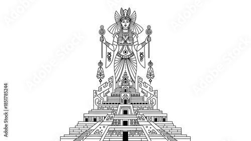 Mystical Deity in an Elegant Temple: A detailed illustration of a divine figure standing on an elaborate temple complex.