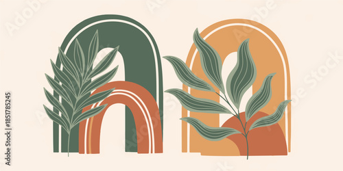 Abstract vector illustration of a tropical palm tree silhouette against a summer sunset beach landscape with coconut leaves and island sea elements for travel design