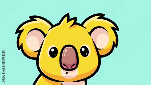 Cartoon koala with yellow fur and a pink nose against a light blue background.