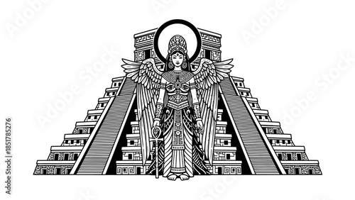 Ancient Deity and Pyramid: A majestic illustration of an ancient deity, adorned with wings, stands before a towering pyramid, evoking the mystery and grandeur of a bygone civilization.