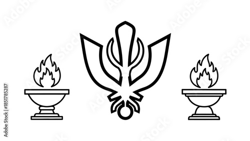 Sacred Symbol and Flame: A detailed monochrome illustration showcases a sacred emblem flanked by two lit flames, symbolizing faith, devotion, and enlightenment.