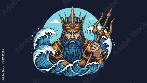 Poseidon's Authority: A majestic illustration of the formidable Poseidon, god of the sea, commanding the waves with his trident and crowned in gold. He exudes power and dominion