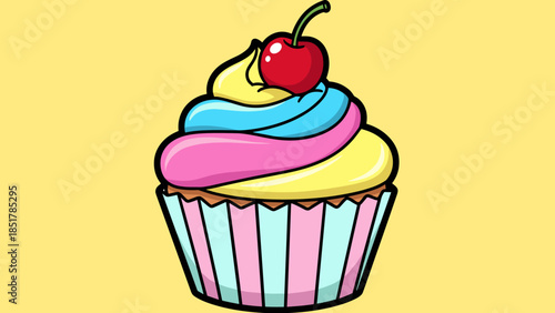 A colorful cupcake with yellow, blue, and pink frosting topped with a cherry.