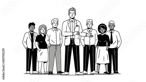 Empowered Team: A united group of individuals stand tall, embodying strength, collaboration, and determination, ready to conquer challenges. 