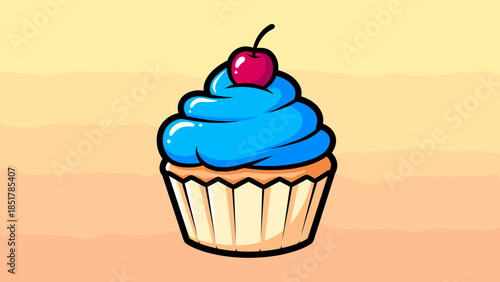 Illustration of a cupcake with blue frosting and a cherry on top, set against a gradient background.