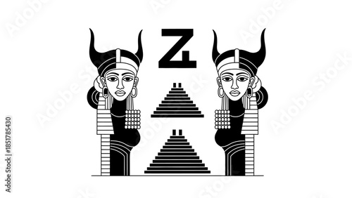 Ancient Egyptian god and Buddha statues in temple with devil and demon cartoon illustration design
