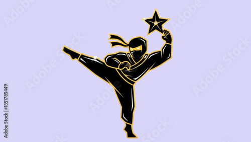 A ninja in black suit kicking and holding a star on a light purple background.