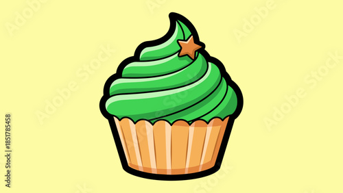 A cartoon cupcake with green frosting and a small star on top, set against a yellow background.