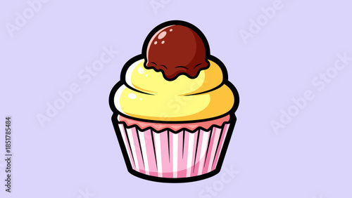 Cartoon cupcake with yellow frosting and a chocolate ball on top in a pink wrapper.