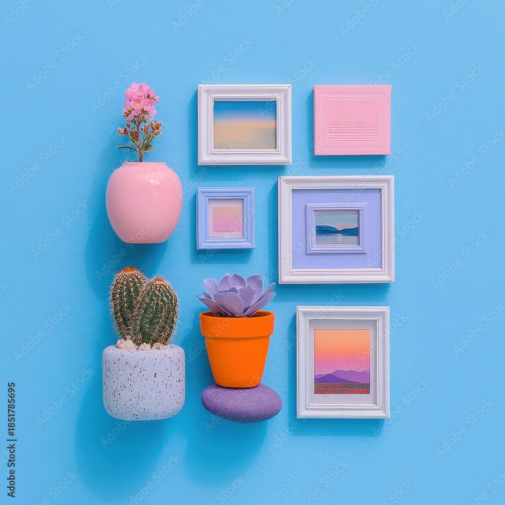 Fototapeta premium A charming pixel art composition featuring potted succulents and a vase with a flower, alongside miniature framed landscape artworks.