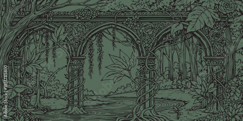 Abstract green background of a gothic cathedral wall featuring stone architecture and historical religious sculpture details on an old wooden church door in Europe