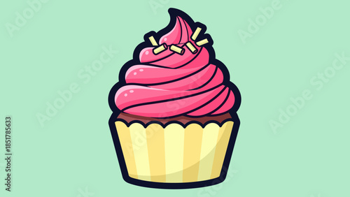 Cartoon cupcake with pink frosting and yellow sprinkles on a light green background.