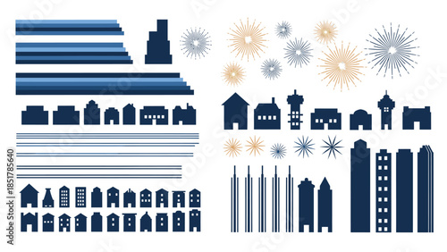 Collection of minimalist vector graphics featuring various building silhouettes, urban elements, and decorative starburst designs in blue and gold tones.