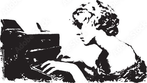 Vintage typewriter with a woman interacting. A black and white vector illustration emphasizing creativity and style.