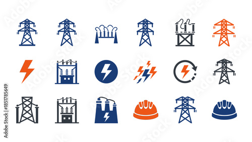 A comprehensive set of electricity and power generation icons, featuring transmission towers, lightning bolts, power plants, and industrial safety helmets.