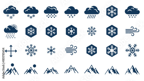 A collection of weather and nature icons featuring snow, rain, wind, snowflakes, and mountain landscapes.