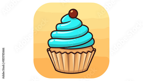Cartoon cupcake with blue frosting and a cherry on top, set against a yellow background.