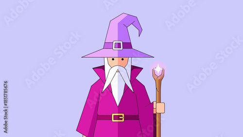 Illustration of a wizard with a purple hat and robe holding a staff with a glowing gem.
