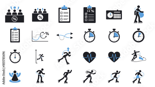 A collection of diverse icons representing sports activities, fitness tracking, business meetings, and performance metrics.