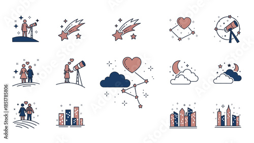 A collection of flat design icons depicting astronomy, romantic couples, and cityscapes under starry skies.