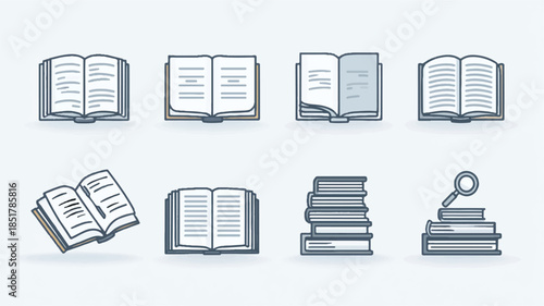 set of open and closed book illustrations in different positions on light blue background