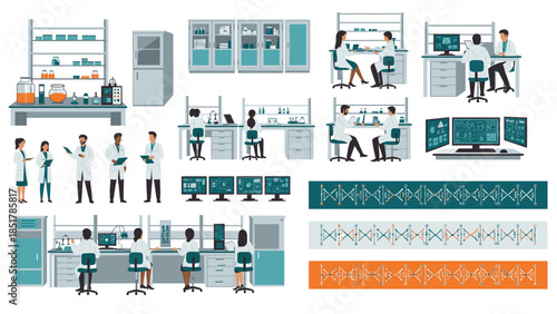 Detailed vector illustration set of scientists working in a modern laboratory with various equipment and molecular patterns.